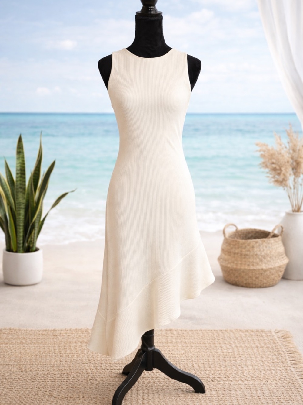 Tyche Ivory Ribbed Midi Dress Size M Asymmetrical Hem Coastal Minimalist Chic